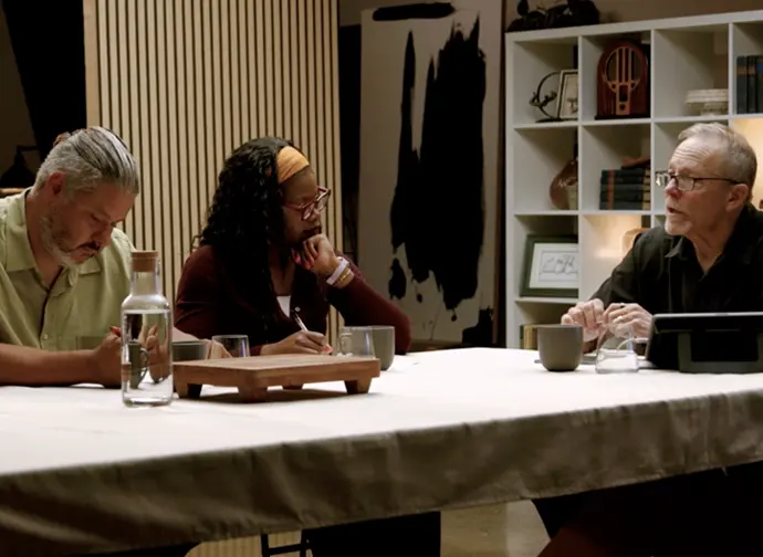 Bill Griffin speaking to a man and a woman seated at a table.